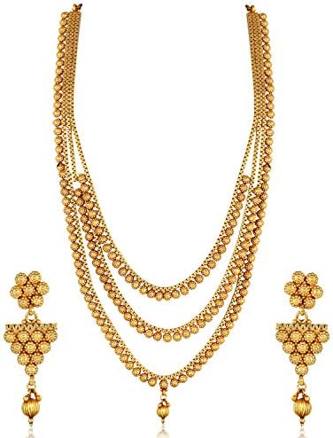 Temple South Indian Copper Gold Pearl Traditional Necklaces Jewellery Sets Earrings for Women Girls-NL-A365