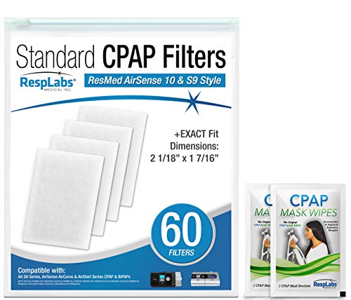 RespLabs CPAP Filters Compatible with ResMed AirSense, AirCurve - S9, AirStart, Autoset 10 | Disposable, Universal Replacement Filter Kit [60 Pack]