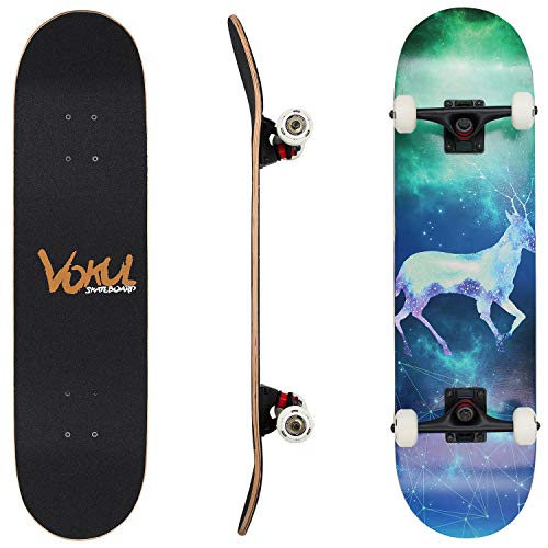 VOKUL Complete Skateboard for Kids Boys Girls Beginners - 31" X 8" inch Standard Skateboard with 7 Layer Maple Double Kick Concave Cruiser Skateboard with Beauty Pattern for Kids Youths Adults