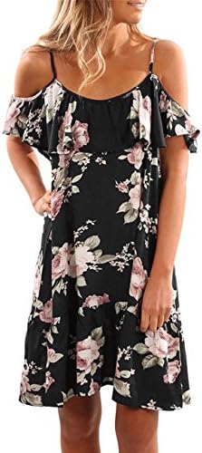 Kbook Women's Cute Floral Cold Shoulder Ruffle Summer Beach Casual Strap Mini Dress
