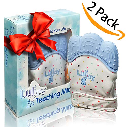 LuliJoy Teething Mitten Set of 2 - Baby Glove Teether Toys for Boys & Girls - Adjustable Strap Stays on Infant Hands - FDA-Approved Silicone Teether for Natural Baby Pain Relief, Sensory Stimulation