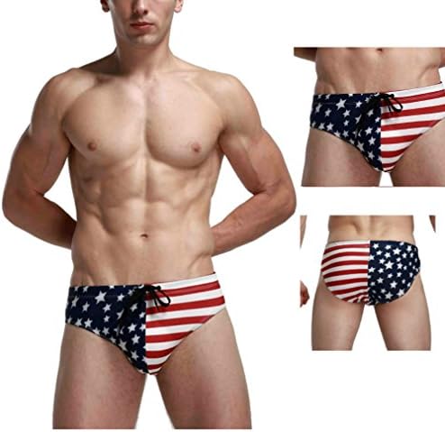 Rocoke Mens USA American Flag Stars Swimwear Fashion Bikini Briefs Beach Swimsuit (Medium, Blue)