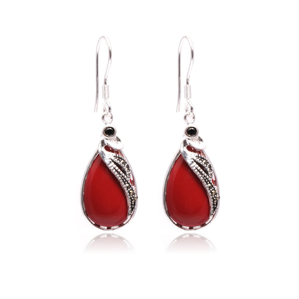Sweet & Happy Girl's Store 14x30mm Drip Manmade Red Coral Beads Tibetan Silver Marcasite Base Dangle Earrings Jewelry