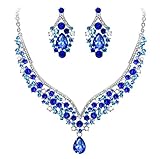 EVER FAITH Women's Austrian Crystal Elegant V-shaped Teardrop Necklace Earrings Set Blue Silver-Tone