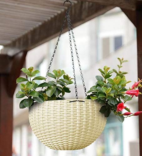 Antier (Pack of 1, Beige) Round Rattan Waven Plastic Flower Hanging Planter