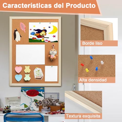 Tablero de Corcho para Pared Tablero de Mensajes Suave Tablones de Anuncios Colgante Pizarrón de Corcho con 5 Chinchetas Corkboards Enmarcado Tablón de Fotos Funcional para Oficina Hogar Aula(60*40cm)