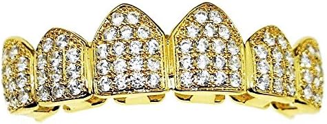 Men's Gold Plated Cubic Zirconia Iced Out Top Top and Bottom CZ Teeth Set Hip Hop Bling Grillz + 2x Single Tooth Cap (Top Grillz)