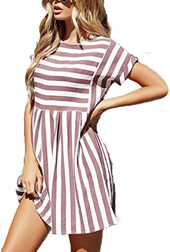 ChongXiao Women Stiped Dress Casual Cute Short Sleeve O-Neck Mini Summer Dresses for Women (Brown, L)