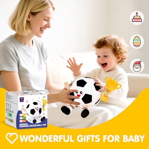 hahaland Baby Toys 6-12 Months – Popping Ball Football Toys Children 1 Year with Music & Recording, Tummy Time Interactive Plush Gifts Baby 6 9 12 Months