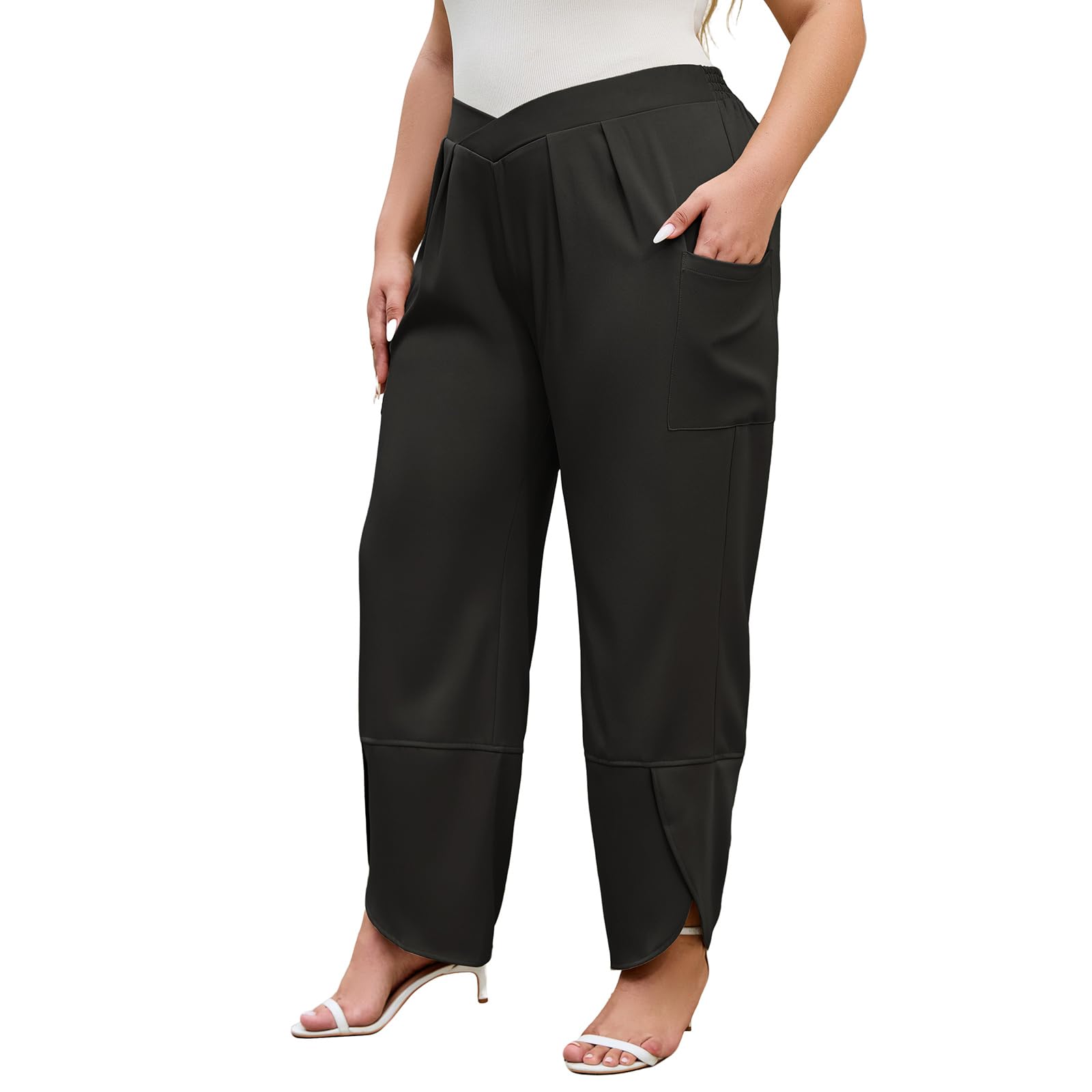 AOVDE Womens Plus Size Palazzo Pants Baggy Wide Leg Pants Elastic Crossover Waist Pleated Front Trousers with Pockets Black 18