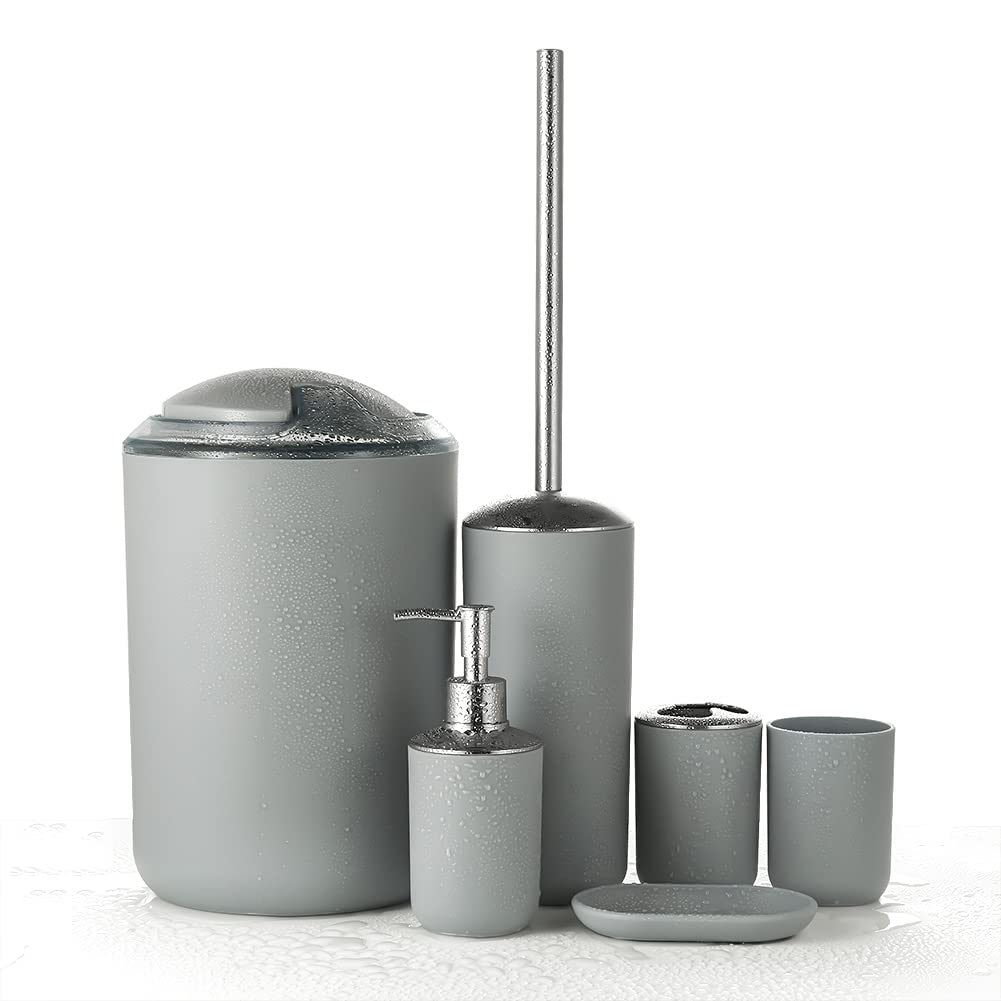 JOTOM 6 Piece Plastic Bathroom Accessory Set Modern Design Bath Accessories Bath Set Lotion Bottles,Toothbrush Holder,Tooth Mug,Soap Dish,Toilet Brush,Rubbish (Grey)