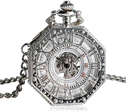 Silver Octagon Shape Pocket Watch, Hand Winding Mechanical Skeleton Pocket Watches, Xmas Chain Fob Gift for Men