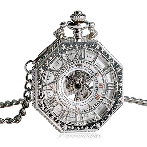 Silver Octagon Shape Pocket Watch, Hand Winding Mechanical Skeleton Pocket Watches, Xmas Chain Fob Gift for Men