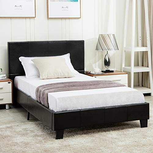mecor Faux Leather Bonded Platform Bed Frame/Upholstered Panel Bed Full Size,No Box Spring Needed,for Adults Teens Children,Black Full
