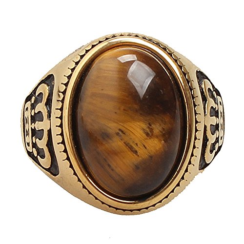 PAURO Unisex Stainless Steel Gold Plated Vintage the Royal Style Crown Gemstone Ring Brown Size 8