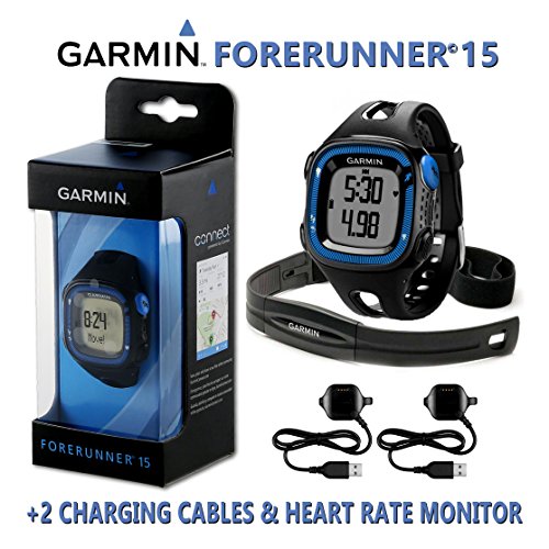 Garmin Forerunner 15 GPS Running Watch / Smart Activity Fitness Tracker - Large, Black & Blue + 2 Charging Data Connect Cables & HRM Heart Rate Monitor