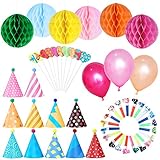 NUOLUX Birthday Party Decorations Kit - Paper Cone Hats with Pom Poms Party Blowouts Balloons Hanging Paper Honeycomb Flower Balls Heart Shaped Cake Toppers