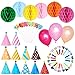 NUOLUX Birthday Party Decorations Kit - Paper Cone Hats with Pom Poms Party Blowouts Balloons Hanging Paper Honeycomb Flower Balls Heart Shaped Cake Toppers