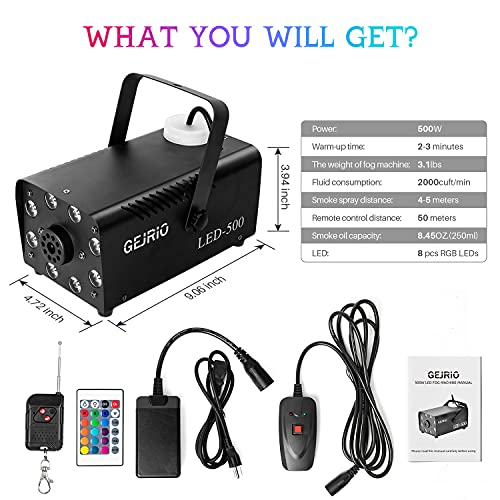 GEJRIO Fog Machine, 500W Smoke Machine with 16 Color Controllable