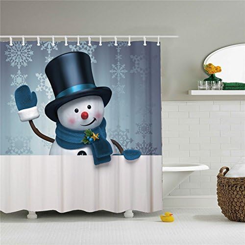 Farm White Christmas Day Snowman Decor Shower Curtain With 12 Free Hooks Mildew Resistant Waterproof / Water-Repellent and Antibacterial 66x72 Inch