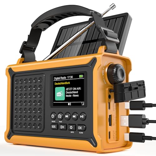 12000mAh Kurbelradio, DAB+/UKW, Notfallradio mit 8500mm² Solarpanel & 650mA Handkurbel-Dynamo, Solar Radio mit Bluetooth 5.0, Taschenlampe & Ladegerät