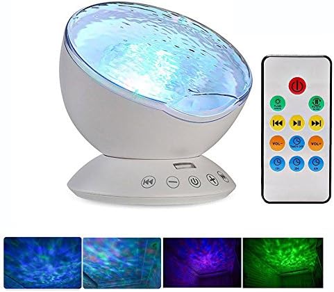 LED Remote Control Night Light Projector—7 Light Modes Rotating Ocean Wave Projector Night Lamp，Built-in music player, with USB jack, TF card, audio interface,romantic ocean for children adult bedroom