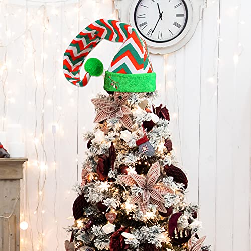 MCPINKY Christmas Elf Hat, Long Striped Hat Felt and Plush Hat With Snowmen Brooch Pin for Kids Women Adults Holiday Party Custume Christmas Dress Up