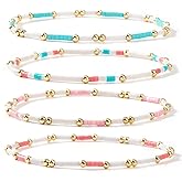 Opalencian Stack Gold Plated Colorful Seed Beads Skatable Bracelet for Women,Dainty Pink Green White 4PCS/set Friendship Accessories Jewelry Gifts