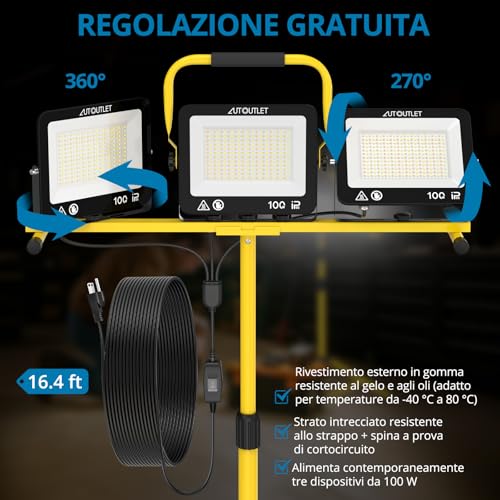 AUTOUTLET Construction Site Spotlight with Extendable Tripod, 3 x 100 W 27000 LM Rechargeable LED Headlight with 3 Colour Temperatures and 5 m Power Cable, IP66 Waterproof, for Garage Workshop and Outdoor