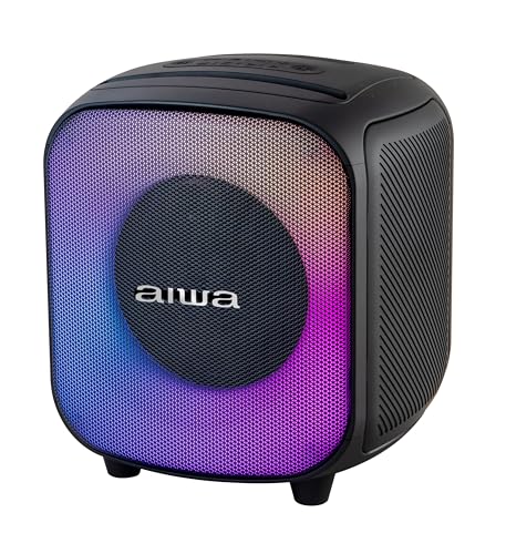 Aiwa Bocina Portátil AW-B81 en Color Negro con 40W RMS, Bluetooth 5.3, función TWS, Luces LED, Radio FM, batería Recargable de 4000 mAh, Puerto USB-C y Sonido Potente con Refuerzo de Graves