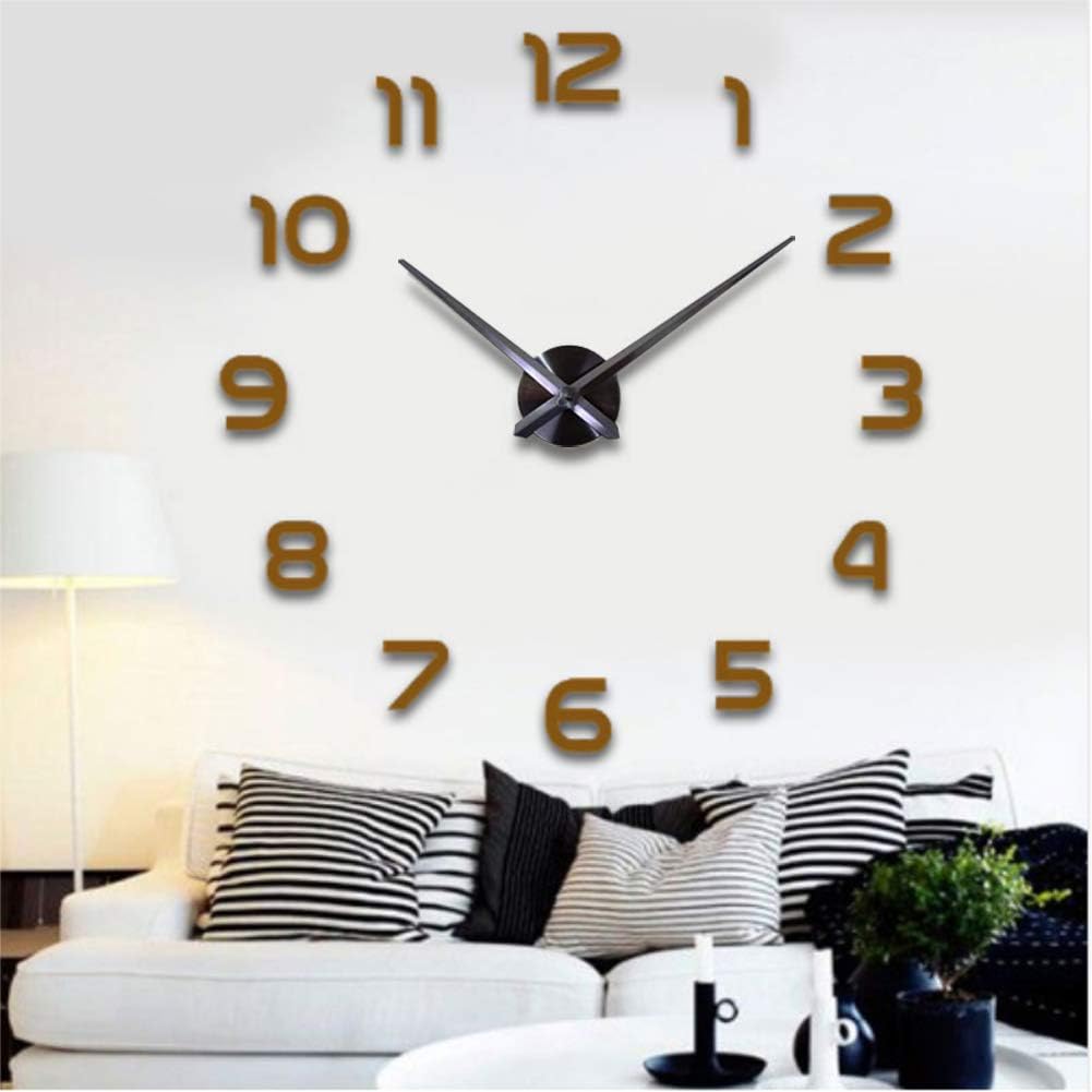 Frameless 3D DIY Wall Clock Mirror Surface Decorative Clock Large Mute Wall Stickers for Living Room Bedroom Home Decorations (Coffee)