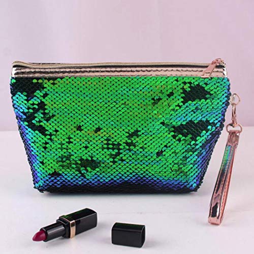 Brishow Envelope Type Travel Makeup Bag Portable Clutch Toiletry Bag Cosmetic Makeup Case Sequin Organizer Bag with zipper for Women and Girls (Green) - Thumbnail 2