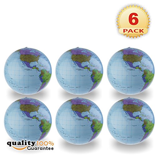 PMLAND Inflatable World Globe Beach Educational Balls 6-Counts, 14-16 inch, Light Blue - //coolthings.us