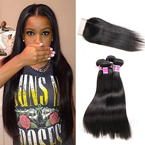Colorful Queen Hair 10 12 14+8inch closure Brazilian Straight Hair 3 Bundles with Lace Closure Free Part 100% Unprocessed Virgin Human Hair Weave Extensions 7A Grade
