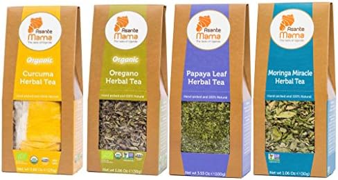 PREMIUM Herbal Tea Sampler - MIRACLE Variety Pack of 4 - Moringa, Papaya, Turmeric and Oregano - By Asante Mama