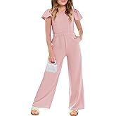 Haloumoning Girls Jumpsuit Kids Fashion Ruffle Cap Sleeve Wide Leg Rompers One Piece Outfits with Pockets