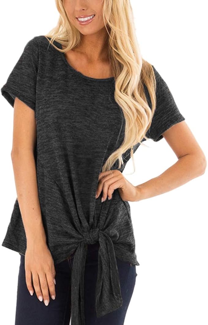 Women's Casual Blouses Twist Knot Top Loose Basic Solid Color Summer