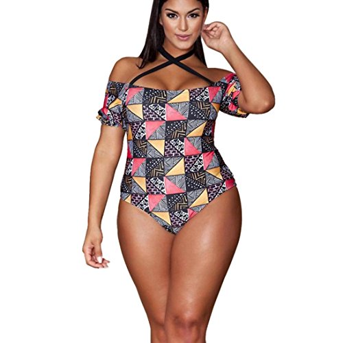 CSSD Women Ladies Sexy {Plus Size} {One-Piece} {Geometry Print} {Wire Free Padded Bikini} {Monokini} Swimwear Swimsuit (3XL, Pink)