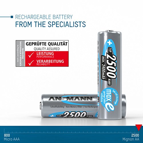 ANSMANN maxE Rechargeable AA Batteries 2500mAh Low Self Discharge (LSD) NiMH AA Battery pre-charged for remote, controller, flashlight etc. (4-Pack)