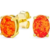 Simple Classic White Fire Orange Black Blue Opulence Gemstone Created Opal Oval Stud Earrings 14K Yellow Gold Plated .925 Sterling Silver 7MM October Birthstone