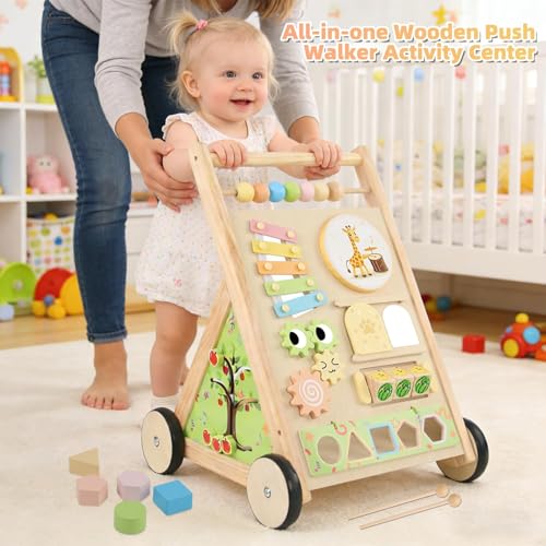 Multifunctional Wooden Baby Walker with Wheels, Montessori Early Educational Activity Center, Sit to Stand Learning Walker Toy with Shape Sorter Xylophone for Toddlers