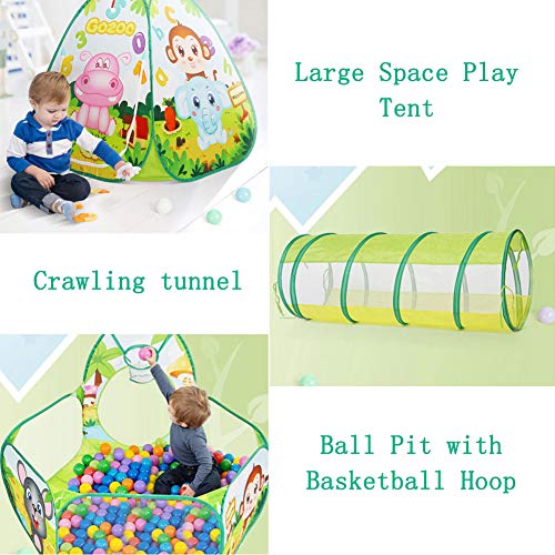LOJETON 3pc Kids Play Tent, Tunnel & Ball Pit with Basketball Hoop for Boys, Girls and Toddlers - Indoor/Outdoor Use Pop Up Tent