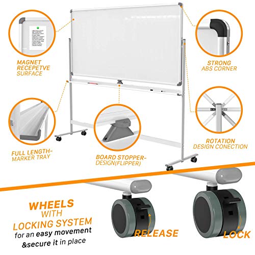 Dry Erase Whiteboard Easel on Wheels 48'' x 32'' Large Double Sided