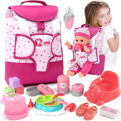 TUZT Baby Doll Accessories Playset, Baby Doll Care Toys with Changing Bag Backpack Feeding Set Doll Nappies Bottle Bath, Birthday Toys for Kids Girls (Doll Not Included)