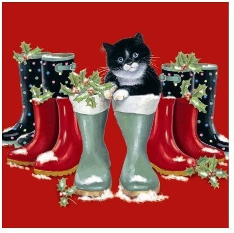 Puss in Boots Black & White Cat with Wellington Wellie Boots Chrissie Snelling 10 pack of small square Christmas Cards