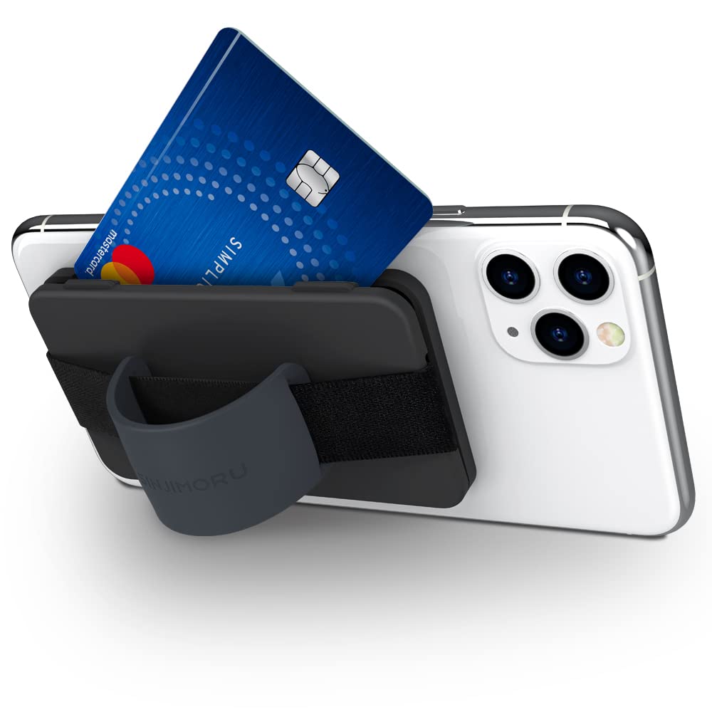 Sinjimoru スマホスタンドカード入れ、スマホ固定 携帯スタンド 落下防止 ハンドストラップ スマホ背面 手帳型ケース iPhone Android スマホケース全機種対応カードホルダー パスも Suica ic カード 定期入れ 名刺入れ。CardZip Band Grip、ブラック＋ミッドナイトブルーバンド。 の商品画像