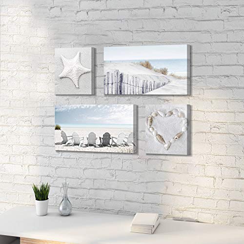 Beach Wall Art Seascape Print: Starfish & Chair on Seaside Giclee Artwork Painting on Canvas for Wall Decor(Overall 36"W x 24"H)