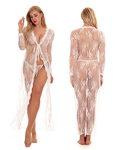 cunlin Women Sexy See Through Lace Gown Kimono Cover Up Sleepwear Set Plus Size Dress Maternity Pregnant Robe White XL