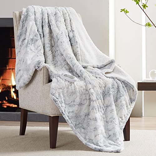 Codi Soft Faux Fur Heated Throw Blanket with Fuzzy Sherpa Back White