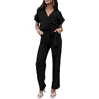 PRETTYGARDEN Women's One Piece Jumpsuits Dressy Casual Summer Short Sleeve Wrap V Neck Wide Leg Pants Romper Spring Clothes
